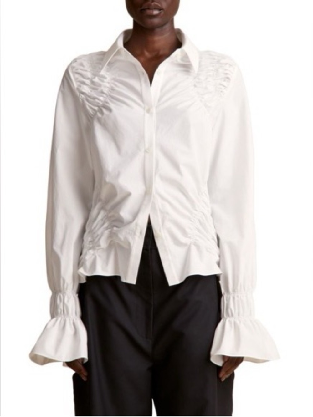 KHAITE White Ruched Cotton Button-Down Shirt